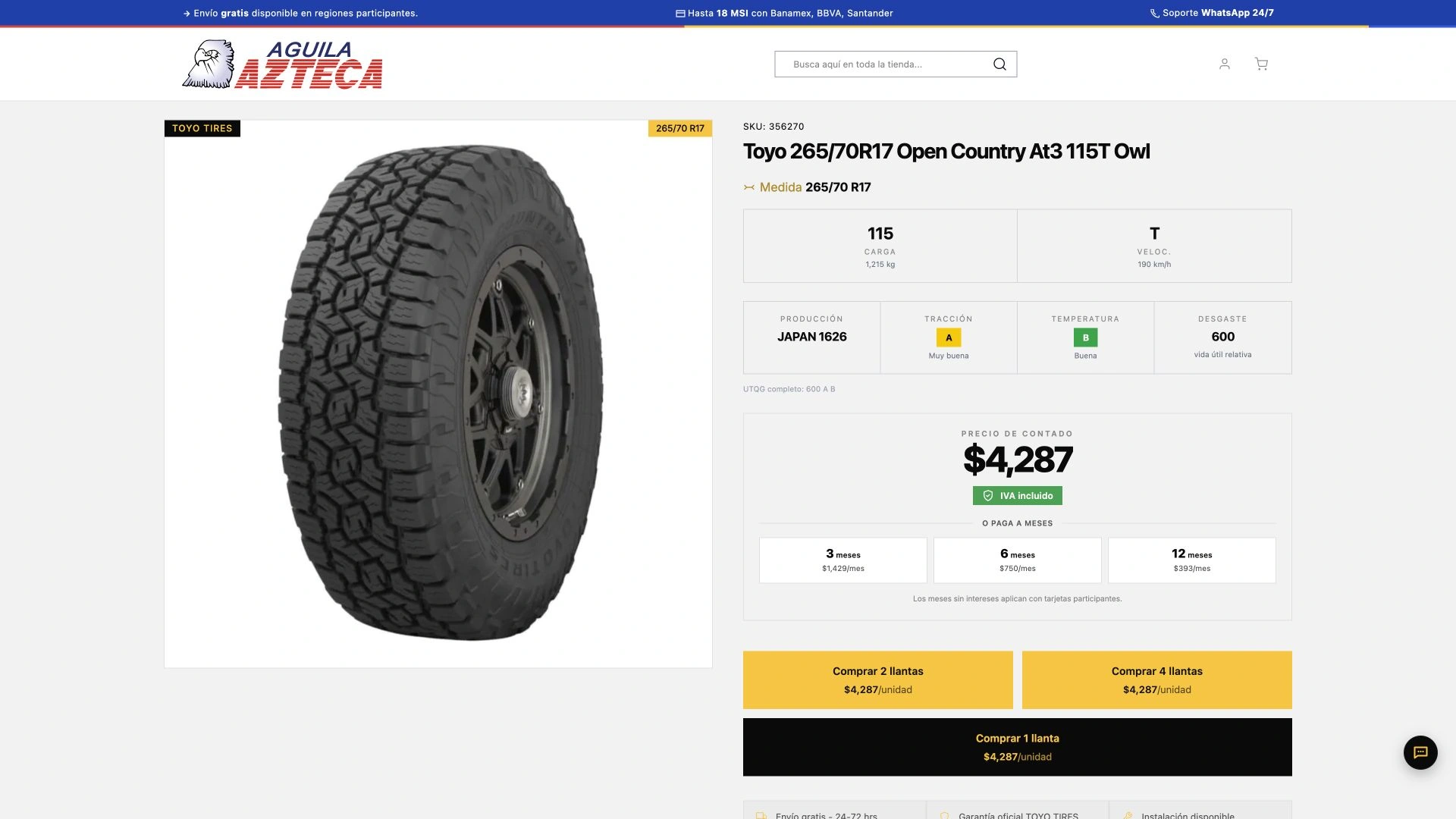 Ficha de llanta Toyo en Águila Azteca con el producto completo, especificaciones y opciones de compra