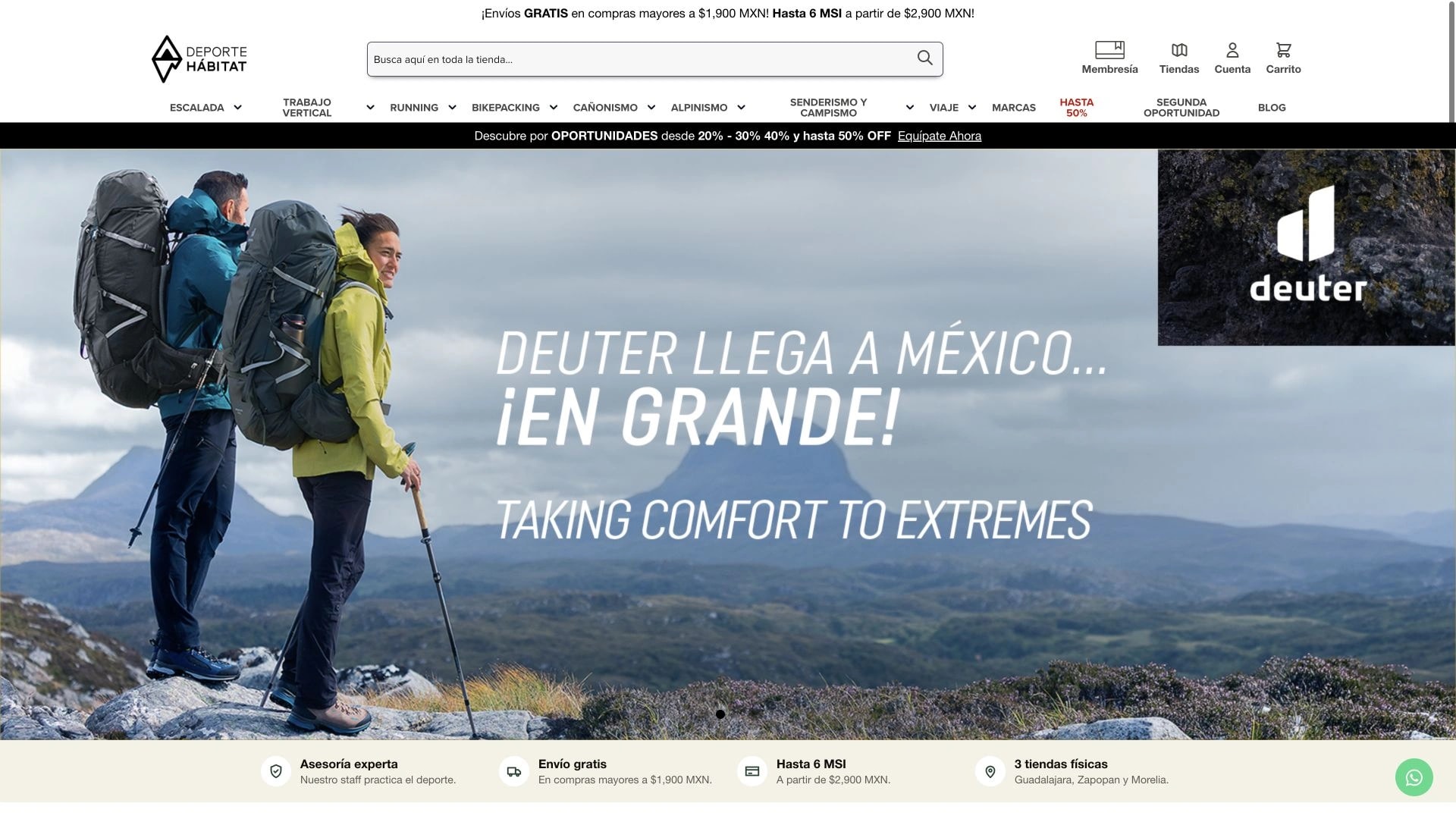 Tienda Deporte Hábitat con navegación completa y campaña de mochilas Deuter en la montaña