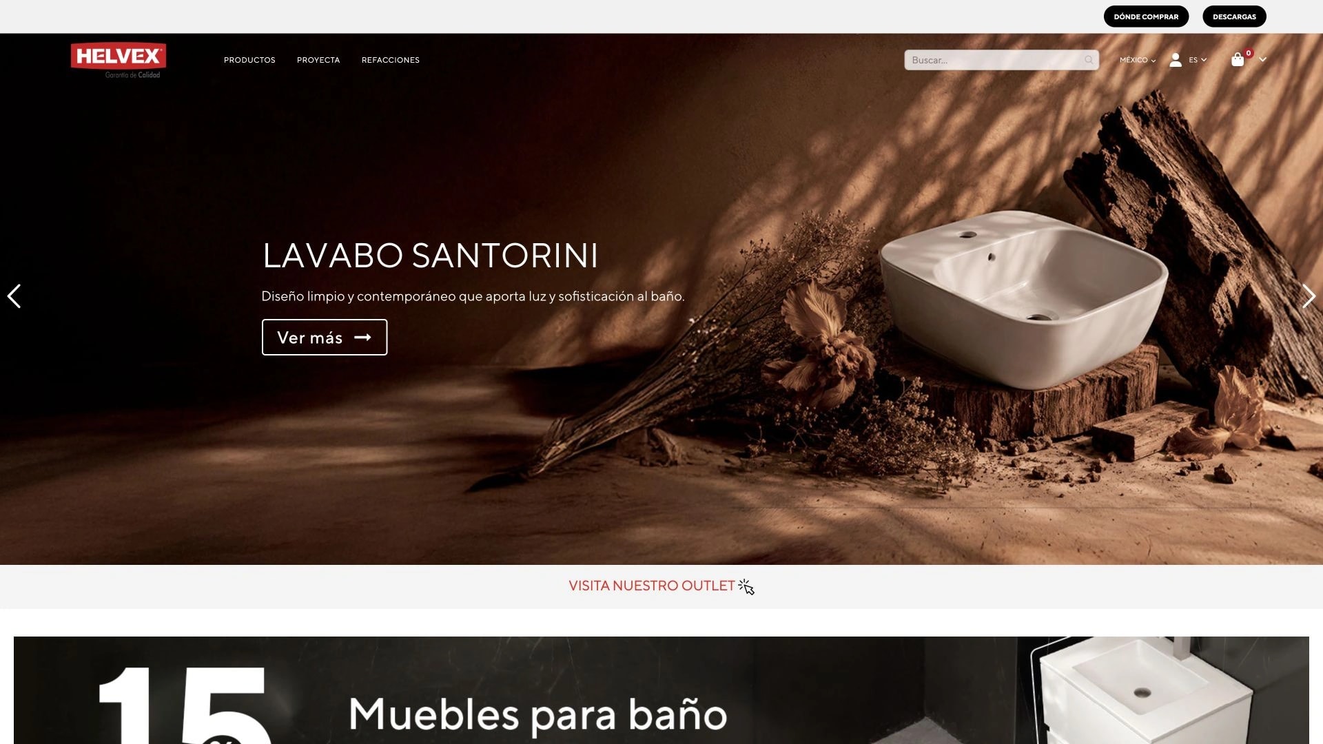 Sitio público de Helvex con navegación y colección de lavabos Santorini